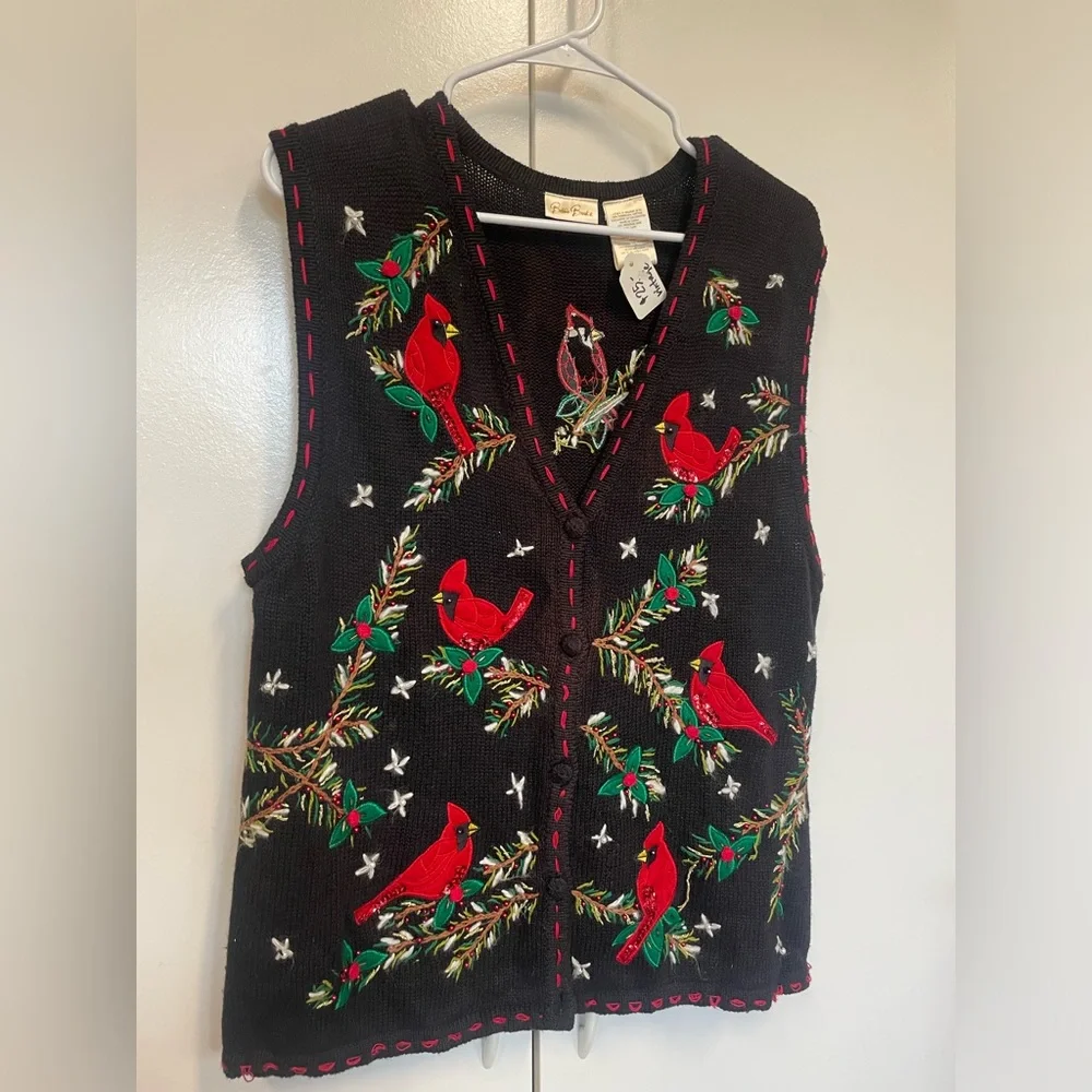 Vintage super ugly Christmas sweater vest. Contest winner. Cardinal - Picture 1 of 6